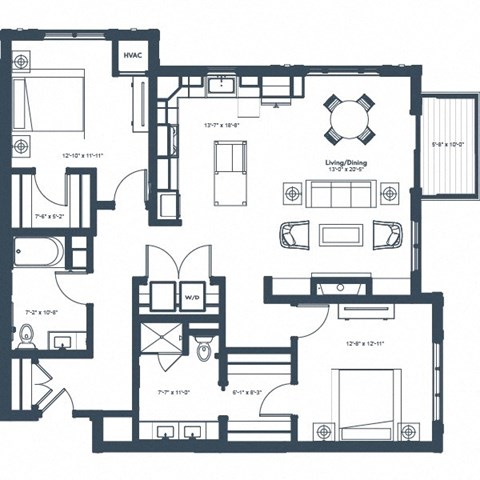 Floor plan for 2 beds, 2 baths, 1383 sqft